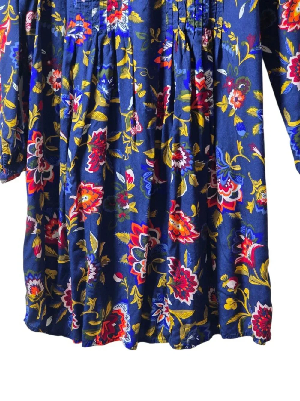 Old Navy Floral Boho Peasant Dress L Tall Blue Red Long Sleeve Pintuck Tie Neck